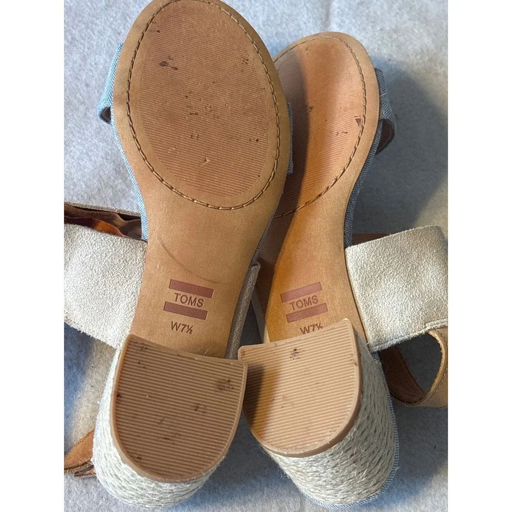 TOMS Block‎ Heel Sandals Womens 7.5 Blue Cream Tan Good Mixed Media Espadrille